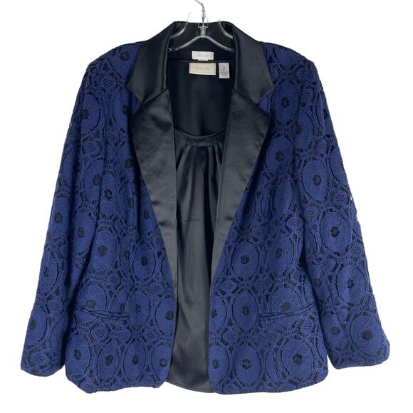 Chico's Lace Open Front Blazer Jacket Satin Lapel Blue Black Size 2/ L - Picture 1 of 8